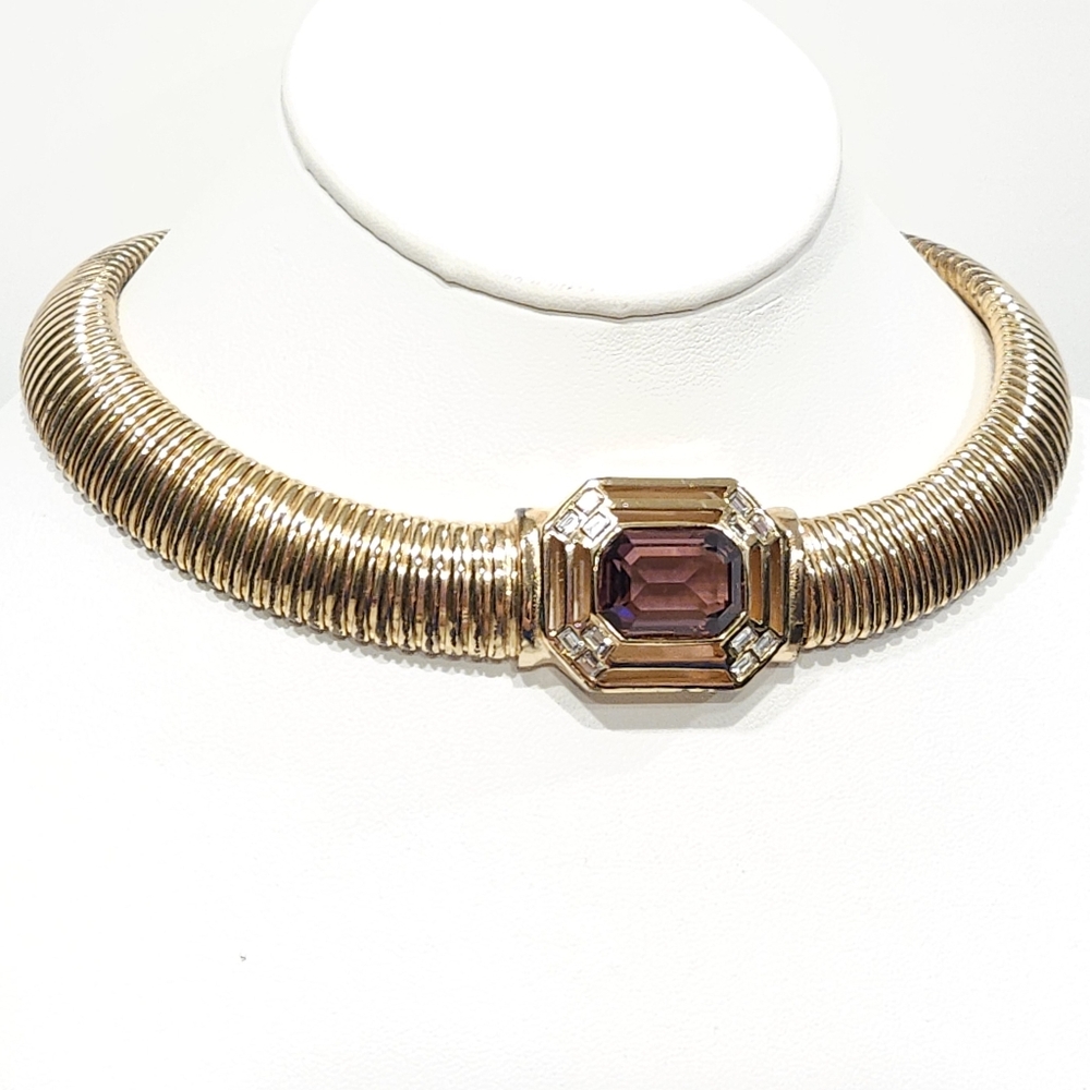 Vintage Dior Amethyst Purple Crystal Gold Omega Chain Necklace Germany - Picture 4 of 16